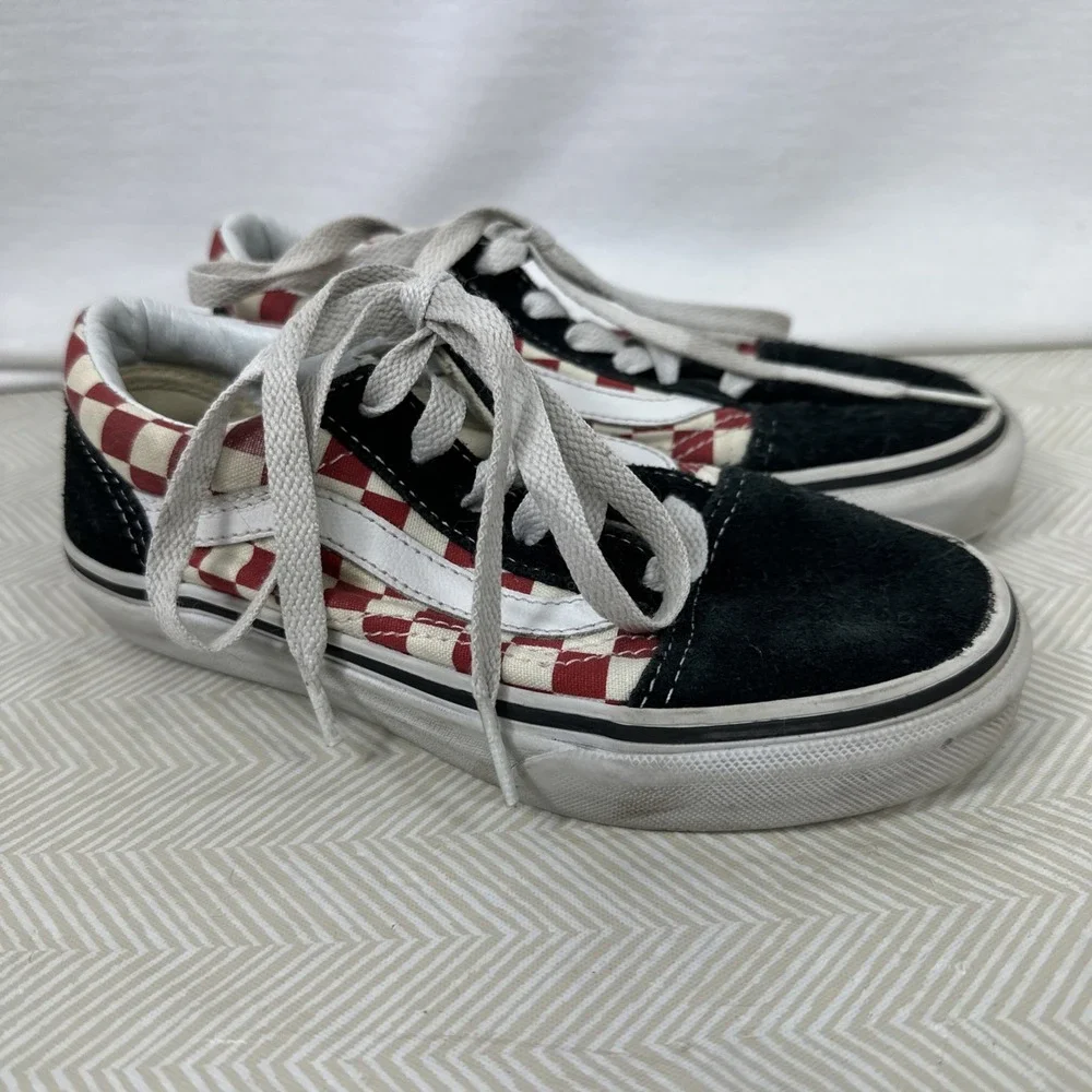 VANS Old‎ Skool Checkerboard Sneakers Kids 1 Skate Shoes Red/White/Black